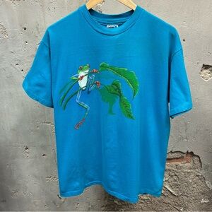 Vintage 1991 Teal Blue Wraparound Graphic Nature Frog Art tee Large L Single